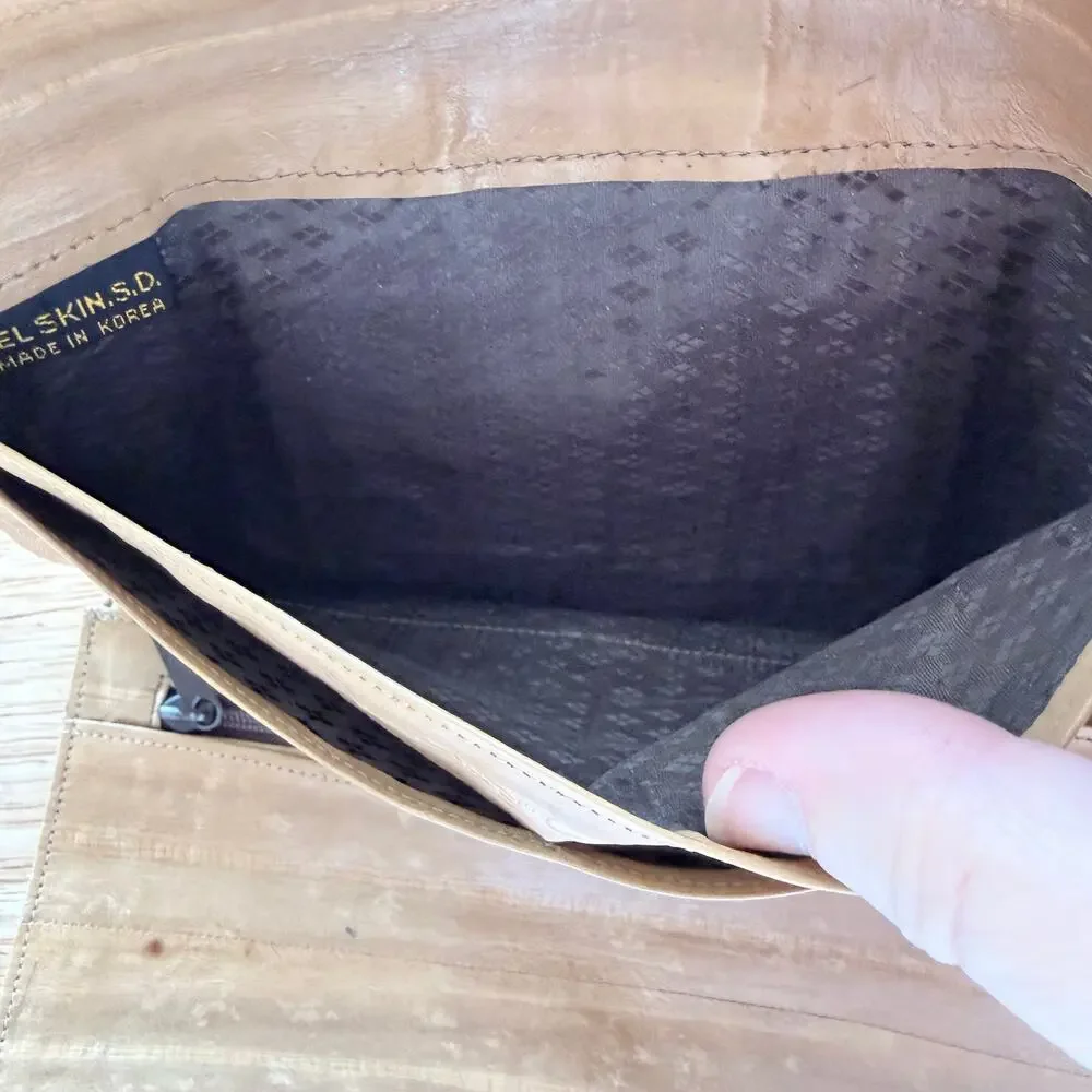 Vintage light tan eel skin leather folded wallet flap snap closure made in Korea
